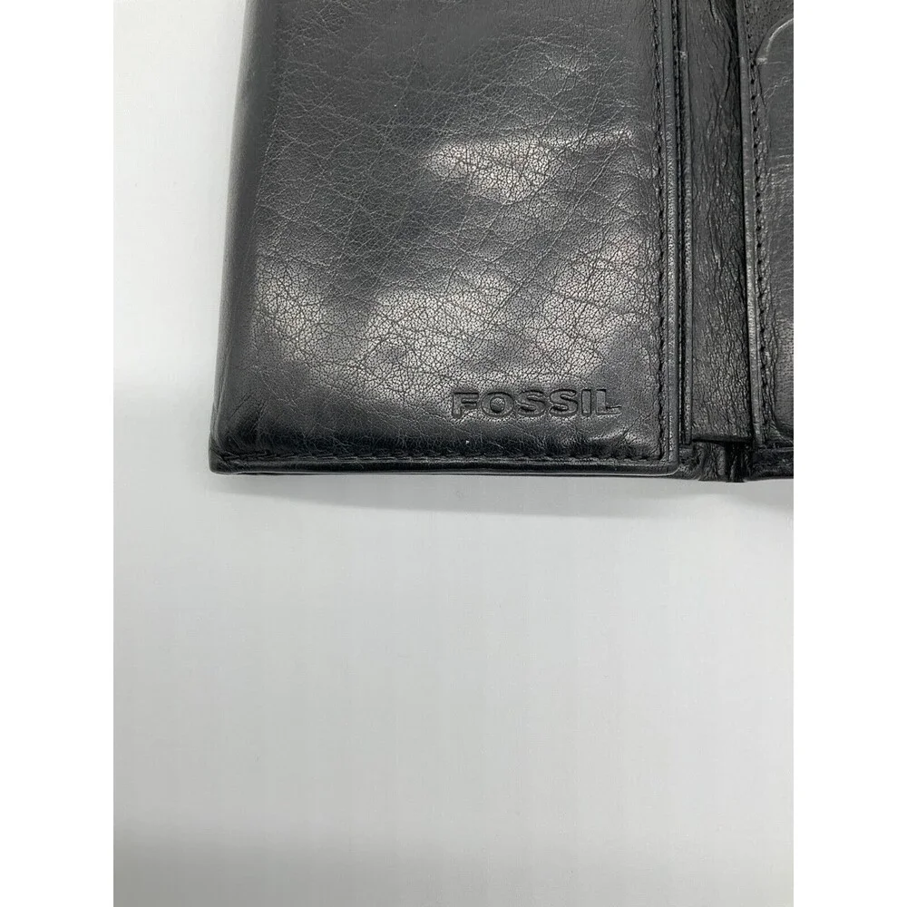 Fossil Wallet Black Genuine Leather‎ Trifold ID & Card Slots